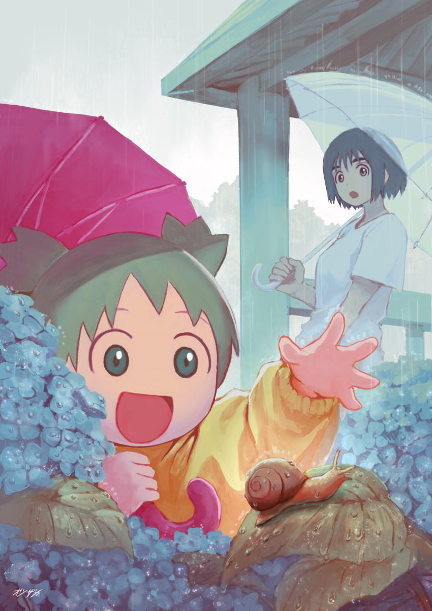 2girls :d :o ayase_fuuka black_hair brown_eyes flower green_eyes green_hair highres holding holding_umbrella hydrangea koiwai_yotsuba long_sleeves multiple_girls open_mouth otsuzaka quad_tails rain short_hair short_sleeves smile snail transparent transparent_umbrella umbrella yotsubato!