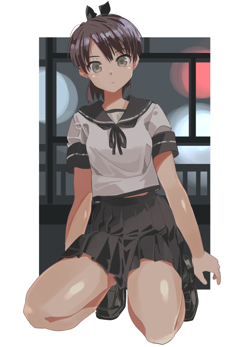 absurdres black_sailor_collar black_skirt brown_eyes brown_hair commentary female haida_katsuretsu highres kantai_collection kneeling looking_at_viewer pleated_skirt ponytail sailor_collar school_uniform serafuku shikinami_(kancolle) short_hair skirt solo window