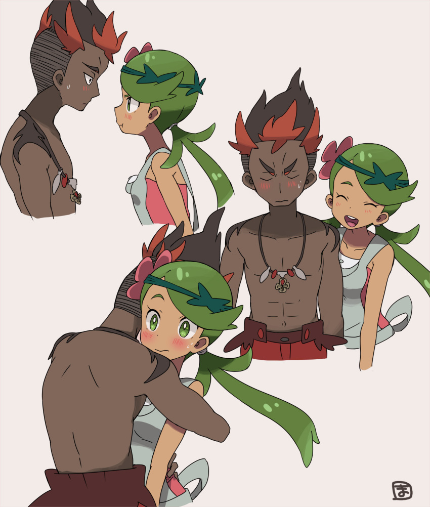 1boy blush closed_eyes collarbone dark-skinned_female dark-skinned_male dark_skin eye_contact female green_eyes green_hair hair_ornament highres hug jewelry kiawe_(pokemon) looking_at_another mallow_(pokemon) masso_n multiple_views necklace open_mouth pokemon pokemon_sm pout signature straight sweat teeth topless_male twintails upper_body