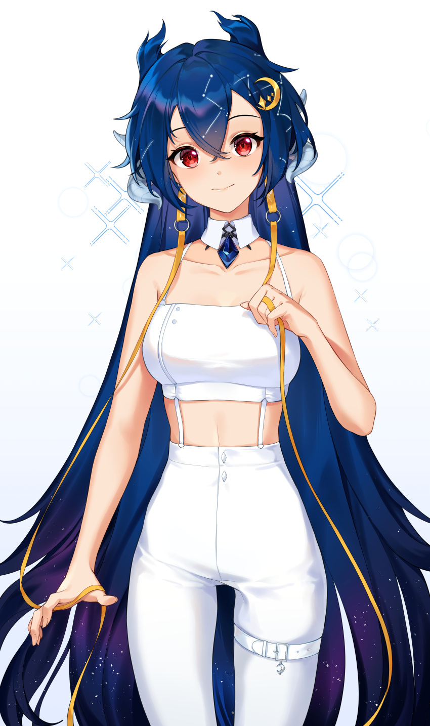 absurdres aniroud bare_arms bare_shoulders blue_hair blush closed_mouth cloud9 constellation cowboy_shot crop_top detached_collar female hair_between_eyes highres horns long_hair looking_at_viewer pants red_eyes ribbon shirt smile solo standing thigh_strap very_long_hair vienna_(vtuber) vienna_(vtuber)_(1st_costume) virtual_youtuber white_pants white_shirt yellow_ribbon