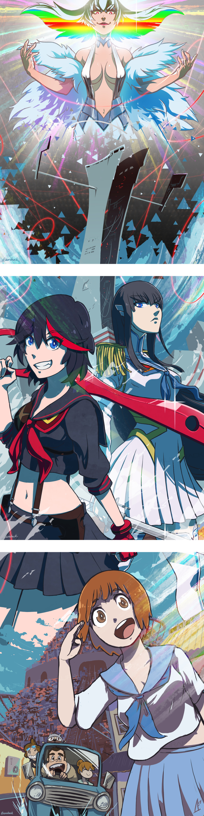 2boys 5girls absurdres aurahack black_hair blue_eyes breasts brown_eyes brown_hair building canine car choker city cleavage closed_eyes dress driving epaulettes eyes_visible_through_hair eyewear_on_head family fingerless_gloves frown fur_trim glasses gloves grin guts_(kill_la_kill) highres junketsu kill_la_kill kiryuuin_satsuki mankanshoku_barazou mankanshoku_mako mankanshoku_matarou mankanshoku_sukuyo matoi_ryuuko medium_breasts motor_vehicle multicolored_hair multiple_boys multiple_girls navel open_mouth photoshop_(medium) pleated_skirt rainbow_hair red_eyes red_gloves red_hair salute school_uniform scissor_blade_(kill_la_kill) senketsu serafuku serious short_hair siblings sisters skirt smile sparkle sunglasses suspenders sword tall_image thighhighs triangle twitter_username two-tone_hair weapon white_dress white_hair zettai_ryouiki