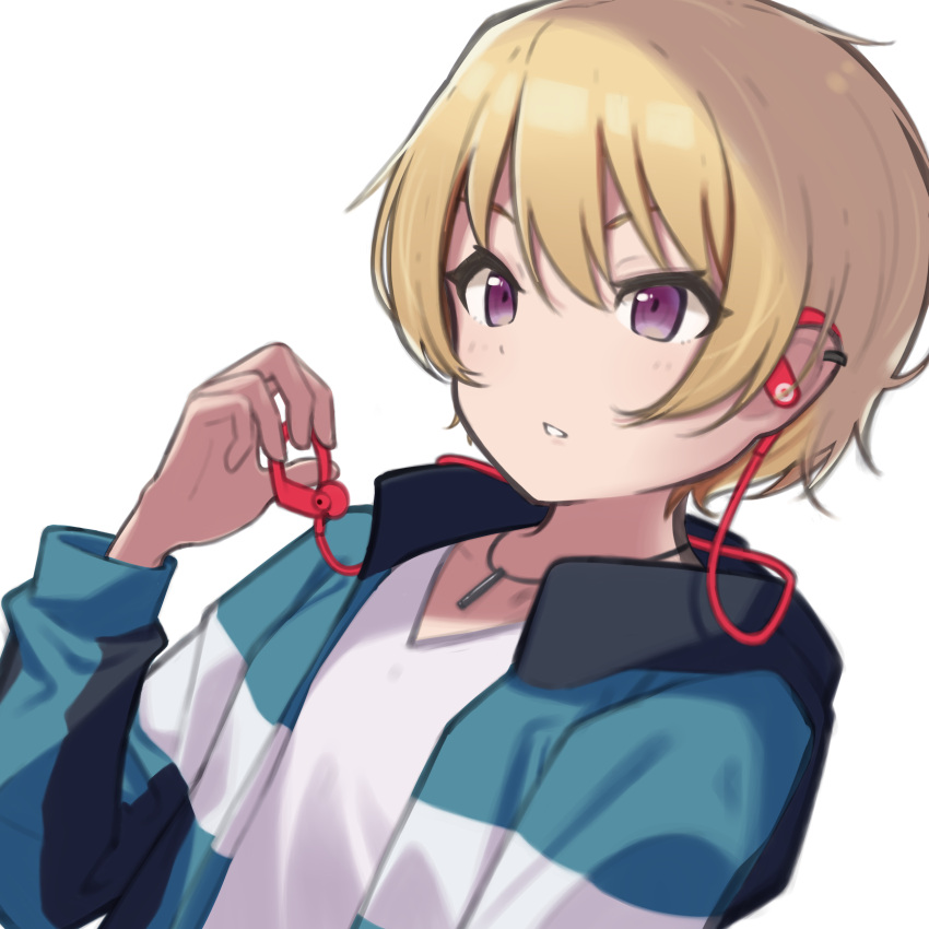 absurdres blonde_hair blue_jacket ear_piercing earphones female highres holding holding_earphones idolmaster idolmaster_shiny_colors jacket jewelry looking_to_the_side necklace open_clothes open_jacket open_mouth piercing saijo_juri shirt short_hair sidelocks simple_background solo upper_body white_background white_shirt yomogi_uehara