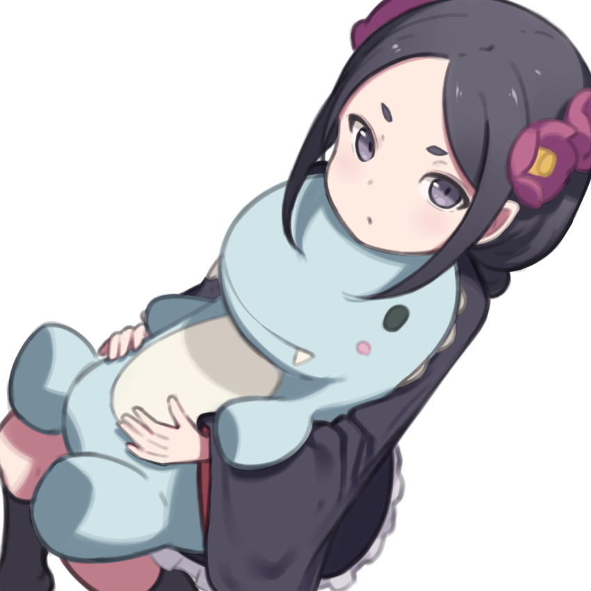 black_dress black_hair black_socks dress female flower forehead hair_flower hair_ornament highres hug hugging_object long_hair looking_at_viewer pink_flower princess_principal purple_eyes short_eyebrows simple_background sitting socks solo stuffed_toy toudou_chise white_background yomogi_uehara