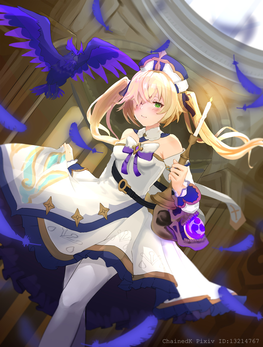 alternate_costume barbara_(genshin_impact) barbara_(genshin_impact)_(cosplay) bare_shoulders bird black_ribbon blonde_hair blush bow bowtie breasts cande candlestand cathedral chainedk collar cosplay cross crow detached_sleeves dress dress_bow eyepatch falling_feathers feathers female fischl_(genshin_impact) frilled_dress frills genshin_impact green_eyes hair_ornament hair_over_one_eye hair_ribbon hat highres latin_cross long_hair looking_at_viewer medium_breasts mini_hat oz_(genshin_impact) pantyhose purple_bow ribbon solo twintails two_side_up vision_(genshin_impact) white_dress white_sleeves