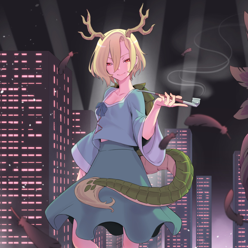 absurdres antlers blonde_hair breasts building closed_mouth collarbone dragon_horns dragon_tail feathers female green_skirt hair_between_eyes highres holding holding_smoking_pipe horns kawayabug kicchou_yachie kiseru long_sleeves looking_at_viewer red_eyes scales short_hair skirt small_breasts smile smoke smoking_pipe solo tail touhou touhou_calamity turtle_shell