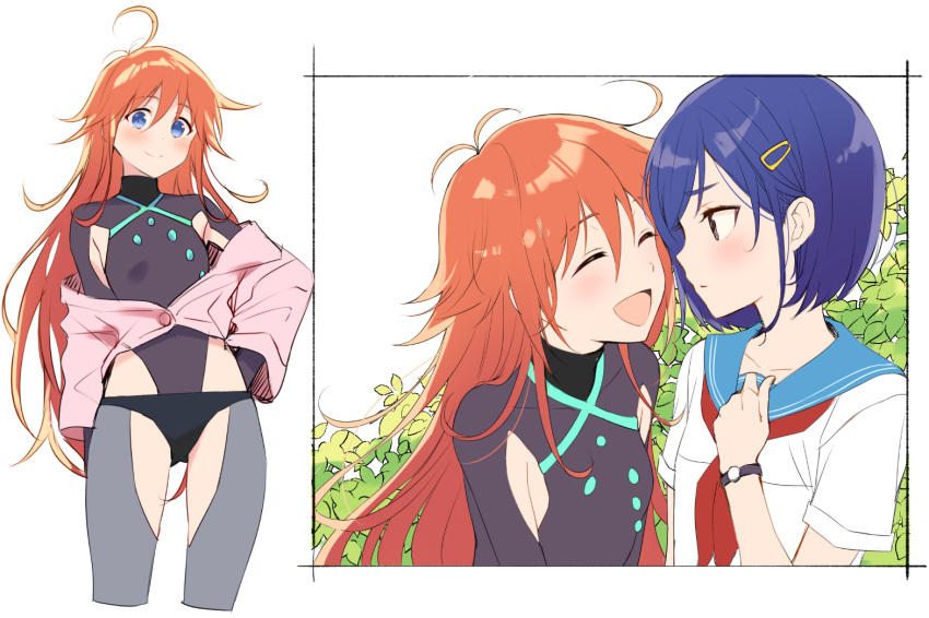 2girls ^_^ ahoge blue_eyes blue_hair blue_sailor_collar blush bodysuit closed_eyes e_(eokiba) flip_flappers hair_ornament hairclip jacket kokomine_cocona long_hair multiple_girls neckerchief papika_(flip_flappers) pink_jacket red_hair red_neckerchief sailor_collar school_uniform serafuku shirt short_hair short_sleeves smile very_long_hair watch white_shirt wristwatch yuri