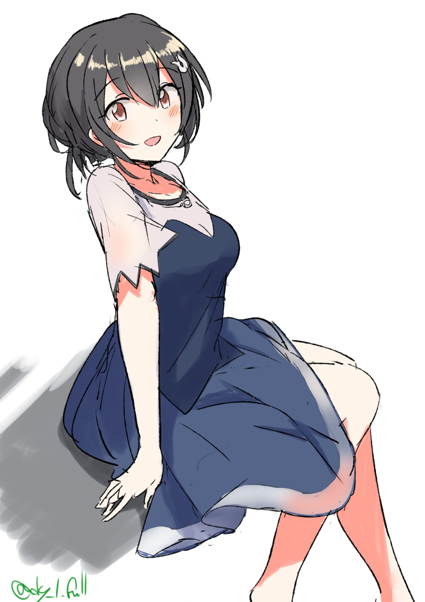 absurdres black_hair blue_dress dress female hair_bun hair_flaps highres jingei_(kancolle) kantai_collection long_hair official_alternate_costume one-hour_drawing_challenge red_eyes robinson_(day_l_full) short_sleeves simple_background sitting solo white_background