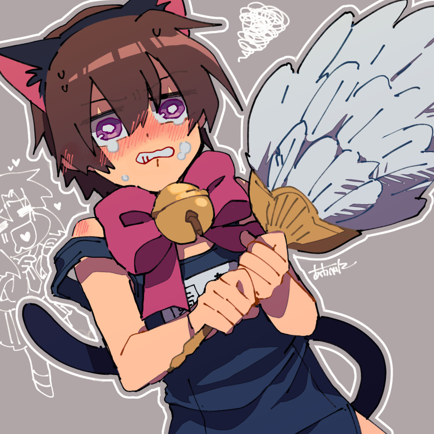 1boy =_= animal_ears bell blue_one-piece_swimsuit blush blush_visible_through_hair bow bowtie bright_pupils brown_hair cat_ears cat_tail clenched_teeth commentary_request crossdressing crying drooling dutch_angle ear_blush eyes_visible_through_hair fake_animal_ears feather_fan female grey_background hand_fan hands_up heart heart_in_mouth highres higurashi_no_naku_koro_ni holding holding_fan jingle_bell maebara_keiichi male_focus momotarekawa mouth_drool name_tag neck_bell neckerchief nose_blush one-piece_swimsuit outline pink_bow pink_bowtie pleated_skirt punishment_game purple_eyes ryuuguu_rena sailor_collar school_swimsuit short_hair short_sleeves shoulder_blush signature skirt solo_focus squiggle strap_slip swimsuit tail tears teeth translated