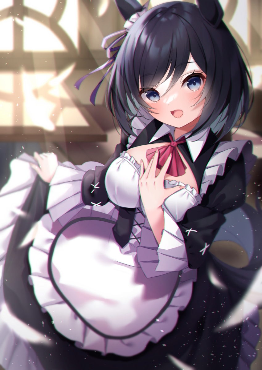 amahara_pekozaemon animal_ears apron ascot black_dress black_hair blue_eyes blurry blurry_background bob_cut breasts commentary_request day depth_of_field dress eishin_flash_(umamusume) female frilled_apron frilled_dress frills hair_between_eyes hand_on_own_chest hand_up highres horse_ears horse_girl indoors juliet_sleeves long_sleeves looking_at_viewer medium_breasts medium_hair open_mouth puffy_sleeves red_ascot skirt_hold solo sunlight swept_bangs umamusume waist_apron white_apron