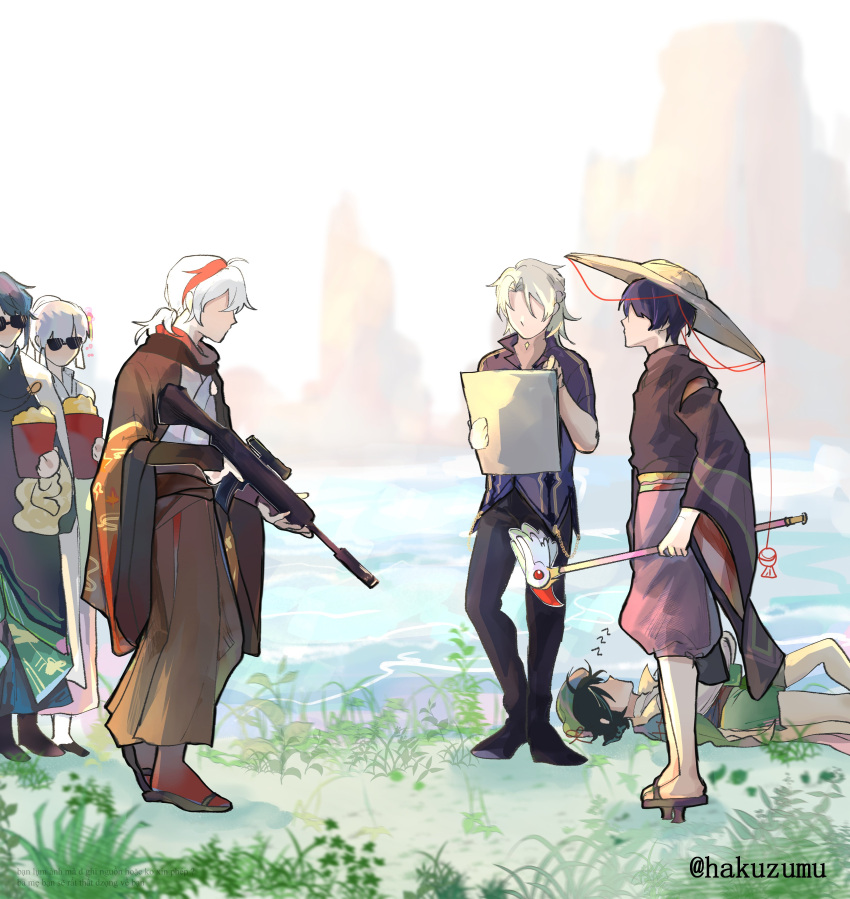 4boys absurdres ahoge akahito_(genshin_impact) albedo_(genshin_impact) artist_name beret blue_hair cape drawing faceless female food full_body fuuin_no_tsue genshin_impact grass green_cape gun hakuzumu hat highres holding holding_gun holding_sketchbook holding_wand holding_weapon japanese_clothes kaedehara_kazuha kamisato_ayaka kuronushi_(genshin_impact) multicolored_hair multiple_boys outdoors popcorn purple_hair red_hair rifle sandals scaramouche_(genshin_impact) scenery short_hair sketchbook sleeping streaked_hair suikou_(genshin_impact) sumizome_(genshin_impact) sunglasses venti_(genshin_impact) wand weapon white_hair xingqiu_(aoi_no_okina)_(genshin_impact) xingqiu_(genshin_impact) zzz