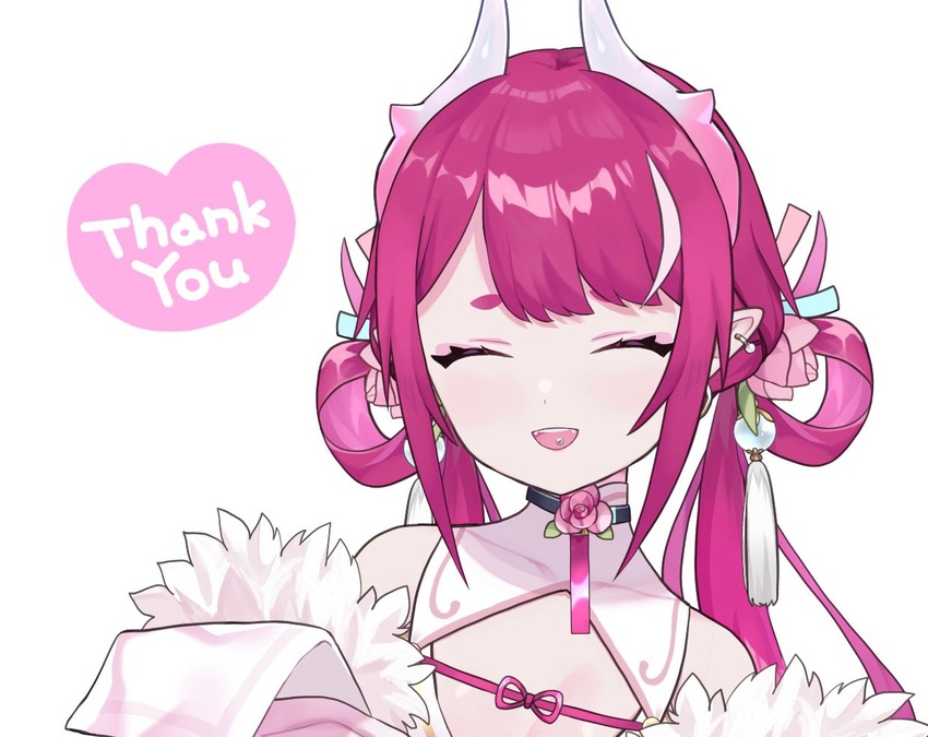 chinese_clothes cleavage_cutout closed_eyes clothing_cutout dragon_girl dragon_horns female fur_trim horns indie_virtual_youtuber jacket long_hair low_twintails natsuiro_xx pink_jacket pinky_(vtuber) sleeves_past_wrists thank_you thick_eyebrows twintails upper_body virtual_youtuber white_background