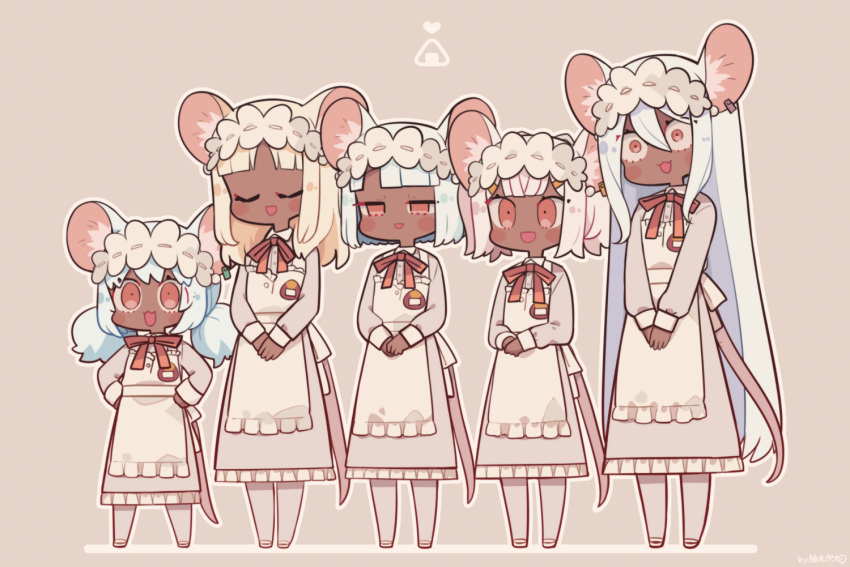 5girls animal_ears apron closed_eyes daikokuten_(fate) dark-skinned_female dark_skin fate/grand_order fate_(series) jitome long_hair long_sleeves low_twintails maid maid_apron maid_headdress mouse_ears mouse_girl mouse_tail multiple_girls red_eyes short_hair short_twintails tail twintails very_long_hair white_apron white_hair yuzuki_gao