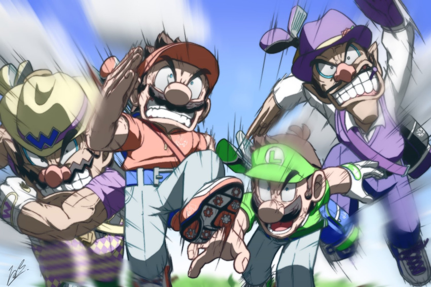 4boys anger_vein banel_springer battle biceps big_nose brown_hair clenched_teeth facial_hair golf_bag golf_club hat luigi male_focus mario mario_(series) mario_golf mario_golf:_super_rush moustache multiple_boys open_mouth pointy_ears polo_shirt running serious sweater_vest teeth visor_cap waluigi wario