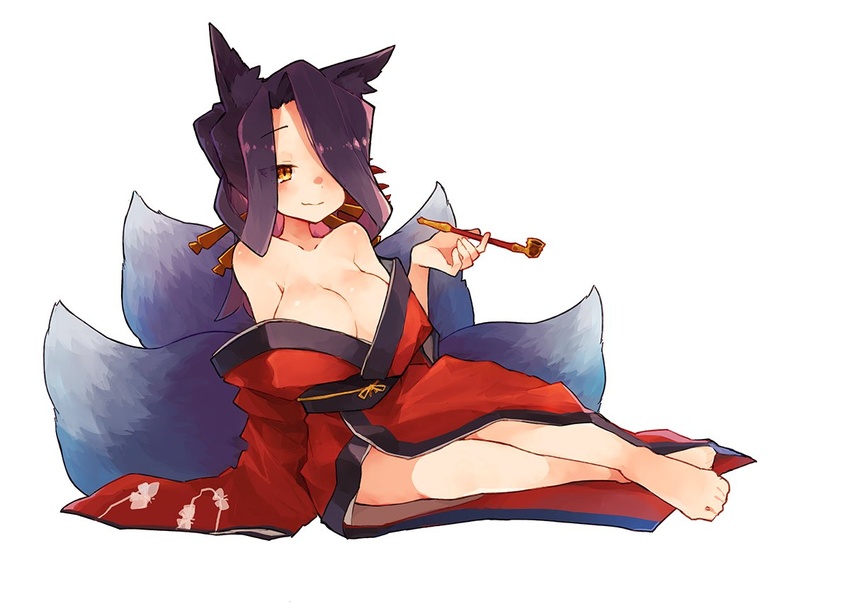 animal_ear_fluff animal_ears arm_support bare_shoulders barefoot black_hair breasts brown_eyes cleavage feet female fox_ears fox_girl fox_tail hair_over_one_eye japanese_clothes kimono large_breasts leaning_to_the_side legs long_hair multiple_tails off_shoulder official_art red_kimono rimukoro sewayaki_kitsune_no_senko-san sitting sleeves_past_wrists smile smoking_pipe solo sora_(sewayaki_kitsune_no_senko-san) tail thighs toes