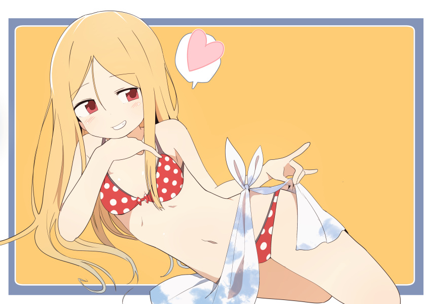 absurdres bikini blonde_hair blush bural_chingu commentary female grin hair_between_eyes heart highres korean_commentary lee_ji-min long_hair looking_at_viewer luke_(dydansgur) navel polka_dot polka_dot_bikini polka_dot_swimsuit red_eyes sarong smile solo spoken_heart swimsuit