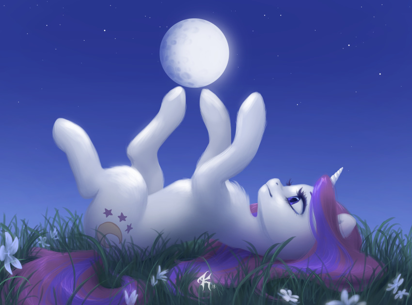 equid equine female friendship_is_magic grass hasbro hi_res horn katputze lying mammal moon moondancer_(mlp) my_little_pony mythological_creature mythological_equine mythology night on_back plant solo star unicorn