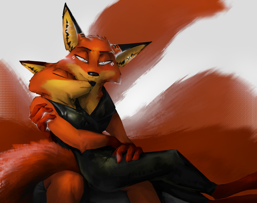 2019 ambiguous_gender anthro arm_tuft barefoot black_ears brown_ears canid canine cheek_tuft closed_eyes clothed clothing cradling digital_media_(artwork) digital_painting_(artwork) disney duo elbow_tuft facial_tuft fan_character feet fox gloves_(marking) half-closed_eyes head_tuft hi_res looking_at_viewer mammal markings narrowed_eyes neveen_(kulkum) nick_wilde red_fox simple_background sitting sleeping thewyvernsweaver true_fox tuft white_background zootopia