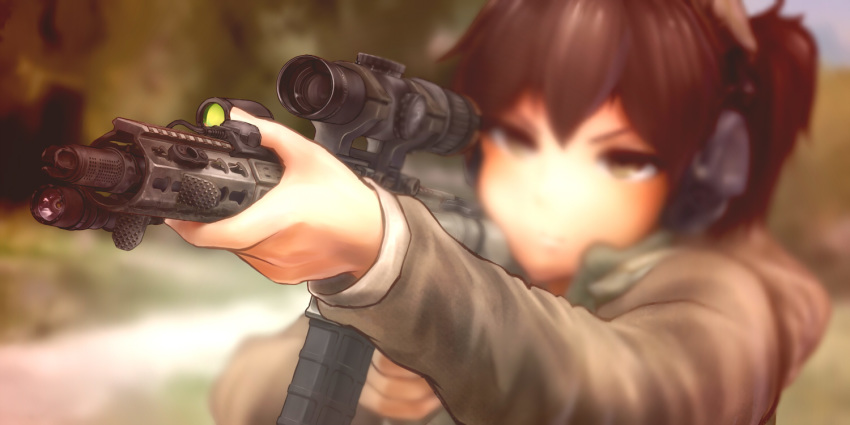 aiming alternate_costume ar-15 assault_rifle blurry blurry_background brown_eyes brown_hair c-clamp camouflage chris_costa commentary_request ear_protection female flashlight genso gun headset kaga_(kancolle) kantai_collection leupold_optics magpul military_operator parody real_life rifle scope short_hair side_ponytail solo weapon