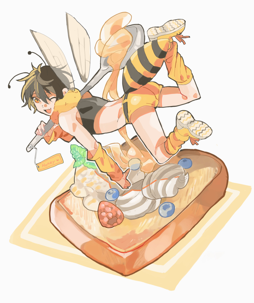 1boy abdomen_tail antennae arthropod_boy ass bee_boy blueberry boots brown_hair commentary_request food french_toast fruit highres honey hymkky3 insect_wings looking_at_viewer male_focus midriff oerba_yun_fang one_eye_closed raspberry shorts simple_background skin_fang sleeveless smile spoon tank_top whipped_cream wings yellow_eyes yellow_footwear yellow_shorts