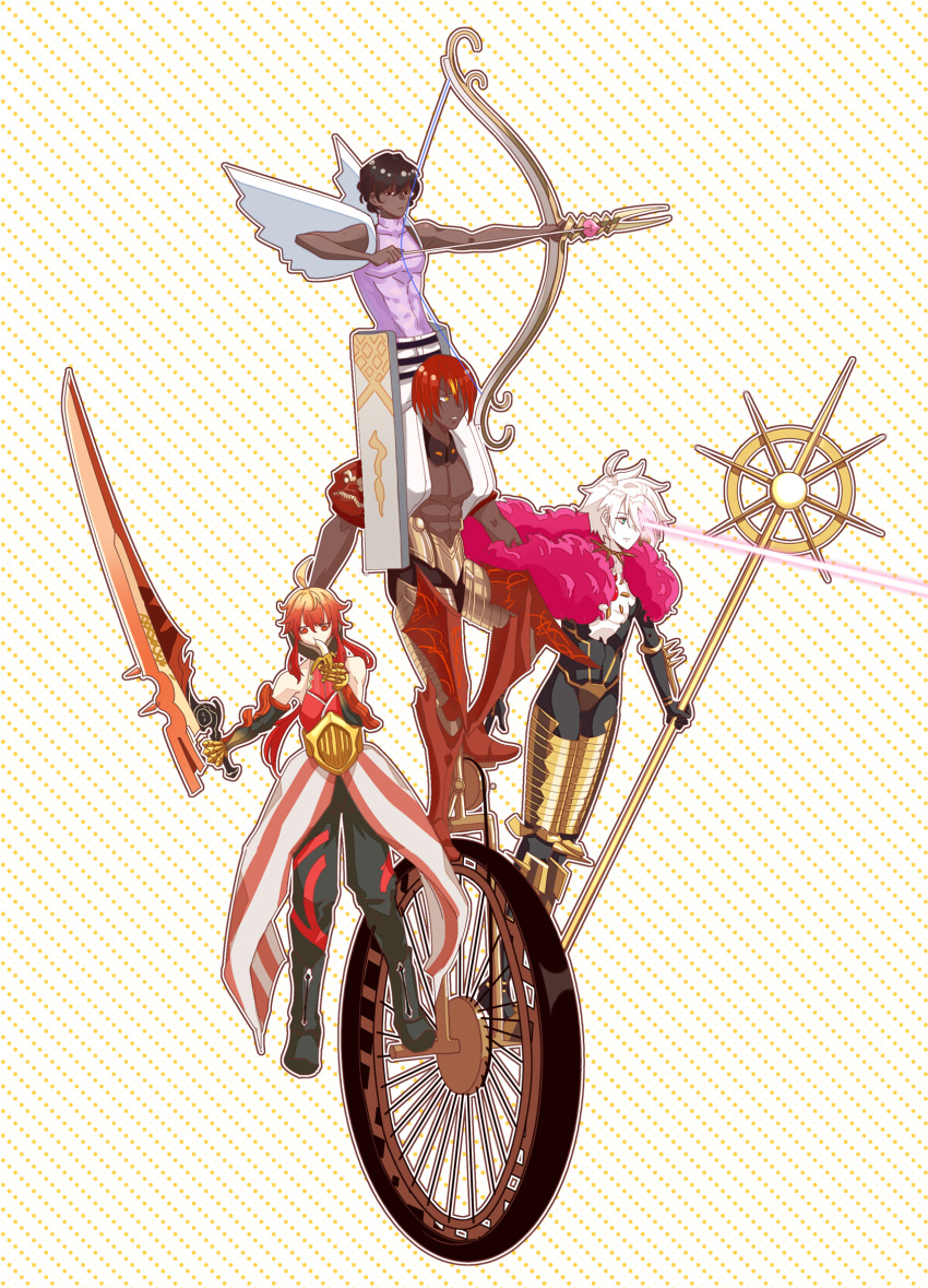 4boys abs agni_gandiva ahoge arjuna_(fate) armor arrow_(projectile) ashwatthama_(fate) banana bishounen black_footwear black_gloves black_hair black_pants blue_eyes boots bow_(weapon) brown_eyes carrying collar commentary_request dark-skinned_male dark_skin detached_sleeves eating fake_wings fate/grand_order fate_(series) feather_boa food fruit gauntlets gloves hair_over_one_eye highres holding holding_staff holding_sword holding_weapon karna_(fate) long_hair moyun multiple_boys muscular pants purple_skirt rama_(fate) red_eyes red_footwear red_hair shoulder_carry simple_background skirt sleeveless spiked_collar spikes staff sword toned toned_male unicycle vasavi_shakti_(fate) weapon white_hair wings yellow_gloves yellow_legwear