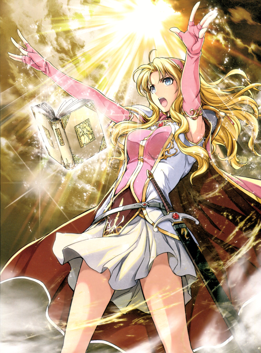 absurdres ahoge armor belt blonde_hair blue_eyes book breasts cape cloud cloudy_sky elbow_gloves female fingerless_gloves fire_emblem fire_emblem:_hasha_no_tsurugi fire_emblem_cipher floating floating_object gloves hairband hands_up highres long_hair magic medium_breasts official_art open_book open_mouth outdoors parted_bangs pink_gloves scan sheath shoulder_armor shoulder_pads skirt sky sleeveless solo sparkle sunlight sword teeth tiena_(fire_emblem) weapon white_skirt yamada_koutarou