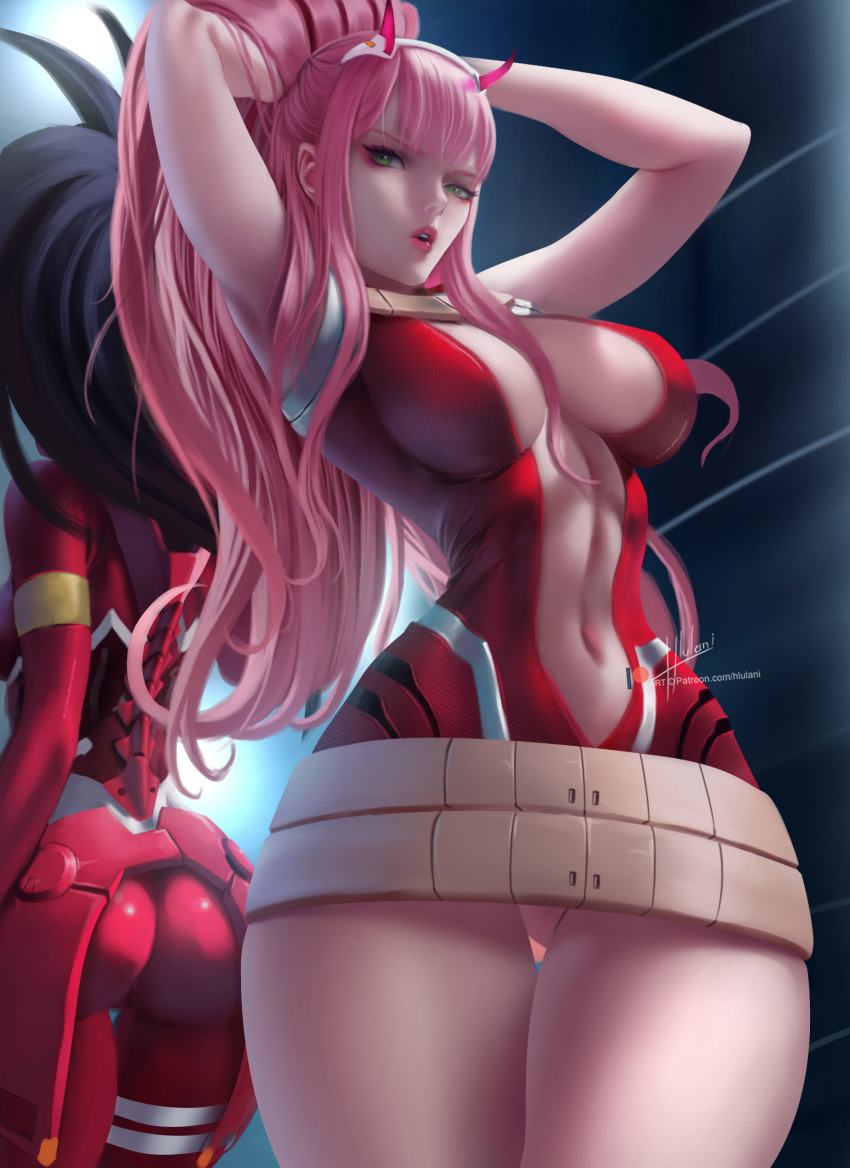 2girls absurdres alternate_hairstyle arms_behind_back ass back-to-back bad_anatomy belt black_hair bodysuit boku_no_hero_academia breasts commentary_request cosplay costume_switch crossover curvy darling_in_the_franxx green_eyes highres hlulani horns leotard lips long_hair midriff multiple_girls navel pink_hair ponytail red_bodysuit red_leotard standing thick_thighs thigh_gap thighs wide_hips yaoyorozu_momo yaoyorozu_momo_(cosplay) zero_two_(darling_in_the_franxx) zero_two_(darling_in_the_franxx)_(cosplay)