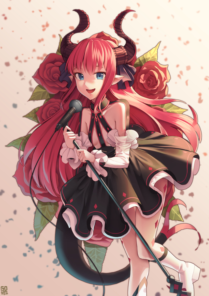 absurdres bare_shoulders black_dress black_ribbon blue_eyes blurry blurry_background boots brown_background circle_skirt commentary_request depth_of_field detached_sleeves dragon_girl dragon_horns dragon_tail dress elizabeth_bathory_(fate) elizabeth_bathory_(fate/extra_ccc) elizabeth_bathory_(first_ascension)_(fate) eyebrows_hidden_by_hair fate/extra fate/extra_ccc fate_(series) female flower goback hair_between_eyes hair_ribbon highres holding horns knee_boots long_hair long_sleeves microphone microphone_stand pleated_dress pointy_ears red_flower red_hair red_rose ribbon rose sarkany_csont_landzsa sidelocks solo standing standing_on_one_leg tail very_long_hair white_footwear white_sleeves