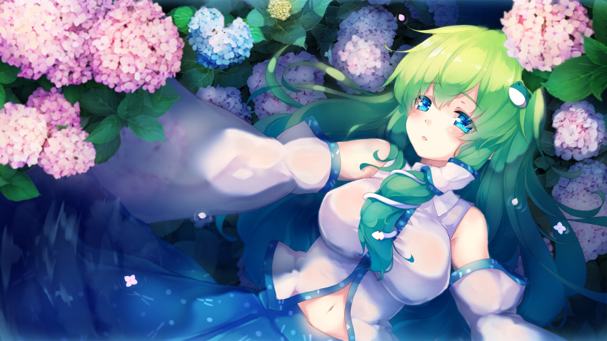 bare_shoulders blue_eyes blue_flower blue_skirt blush breasts colored_eyelashes commentary_request detached_sleeves female flower frog_hair_ornament gengetsu_chihiro green_hair hair_between_eyes hair_ornament hair_tubes highres hydrangea kochiya_sanae large_breasts leaf long_hair long_sleeves looking_at_viewer navel parted_lips petals photoshop_(medium) pink_flower shirt sidelocks skirt snake_hair_ornament solo touhou white_shirt wide_sleeves