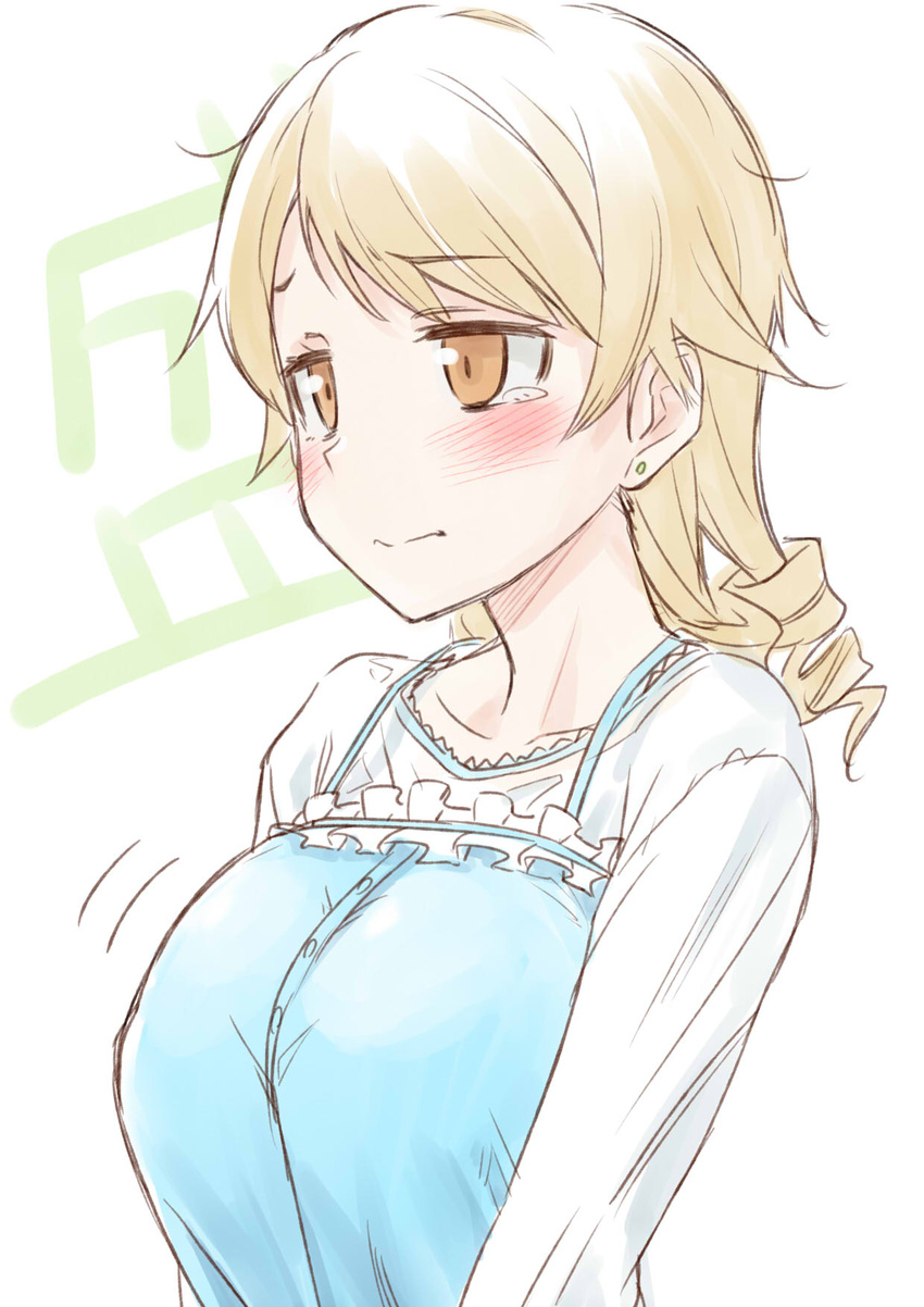 aged_up alternate_breast_size arms_at_sides bad_id bad_twitter_id blonde_hair blouse blue_dress blush breast_expansion breasts buttons commentary dress drill_hair earrings female highres idolmaster idolmaster_cinderella_girls jewelry kiyu_rei large_breasts long_hair long_sleeves looking_ahead morikubo_nono orange_eyes ringlets shirt solo stud_earrings tearing_up tears text_background upper_body white_background white_shirt