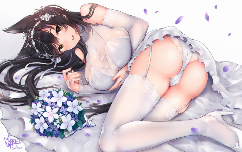 :d animal_ears arm_under_breasts artist_name ass atago_(azur_lane) atago_(lily-white_vow)_(azur_lane) azur_lane black_hair blush bouquet breasts bridal_gauntlets brown_eyes cameltoe cleavage commentary_request dated dress extra_ears female flower garter_straps glint gloves hair_ribbon high_heels jewelry lace lace-trimmed_legwear lace_trim large_breasts long_hair looking_at_viewer lying mappaninatta mole mole_under_eye official_alternate_costume on_side open_mouth ornate_ring ribbon ring signature simple_background smile solo swept_bangs thighhighs wedding_dress wedding_ring white_background white_dress white_footwear white_gloves white_ribbon white_thighhighs