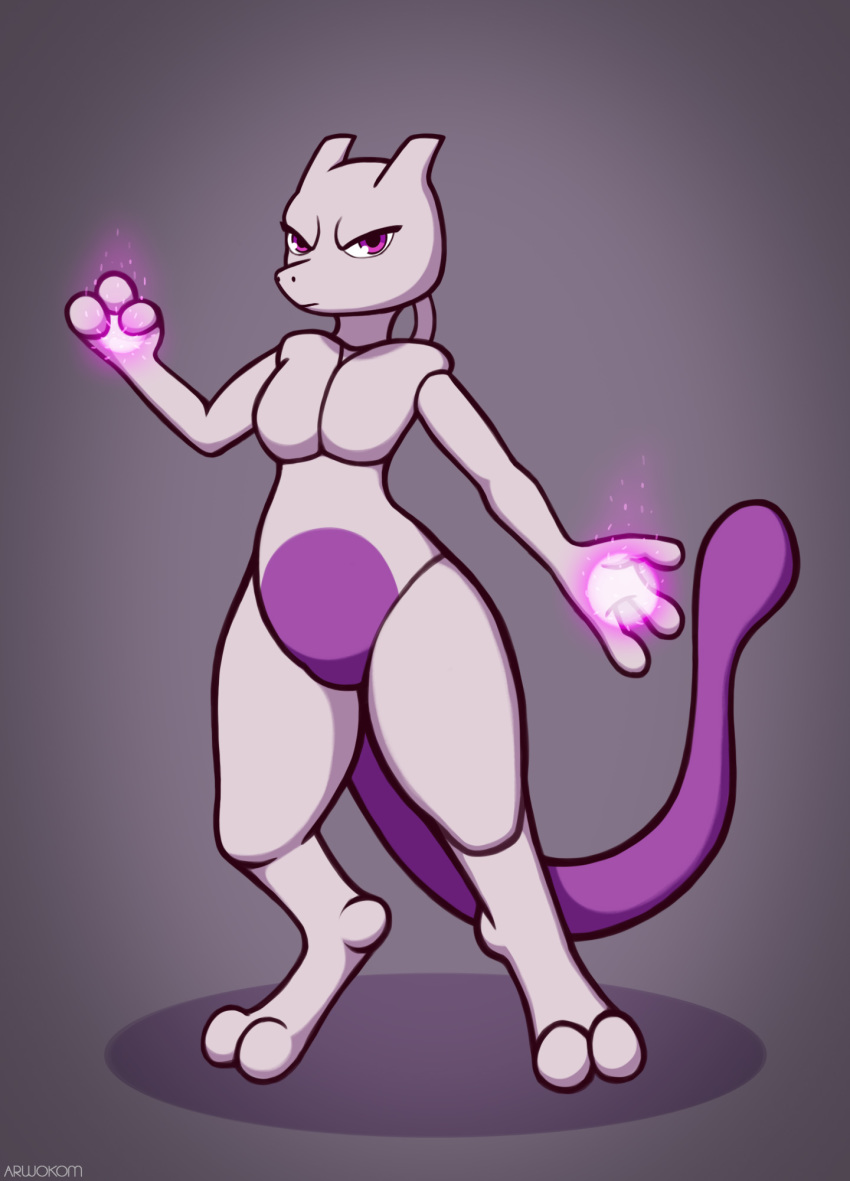 anthro arwokom energy female fist generation_1_pokemon glowing hi_res legendary_pokemon looking_at_viewer mewtwo nintendo orb pokemon pokemon_(species) powerful purple_body simple_background solo standing