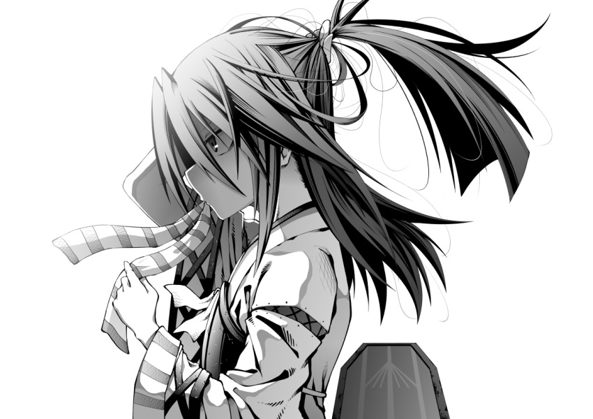 adjusting_hair akane_harurou commentary_request female flight_deck from_side greyscale hachimaki hair_tie headband high_ponytail japanese_clothes kantai_collection long_hair long_sleeves messy_hair monochrome mouth_hold muneate ponytail profile simple_background solo upper_body white_background zuihou_(kancolle)