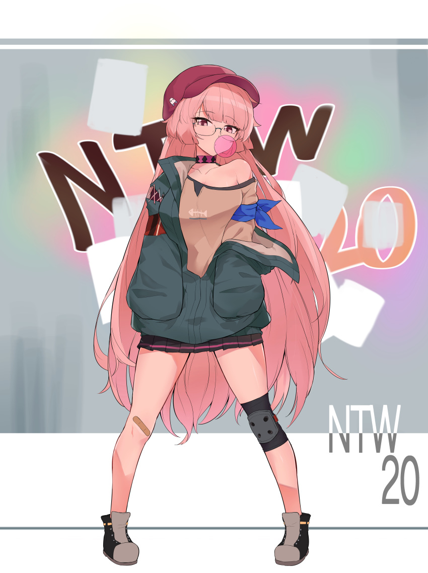 absurdres bandaid bandaid_on_knee bandaid_on_leg breasts character_name chewing_gum choker commentary_request female full_body girls'_frontline glasses hands_in_pockets hat highres jacket long_hair looking_at_viewer nemoga ntw-20_(girls'_frontline) off_shoulder pink_eyes pink_hair pleated_skirt shin_guards skirt solo very_long_hair