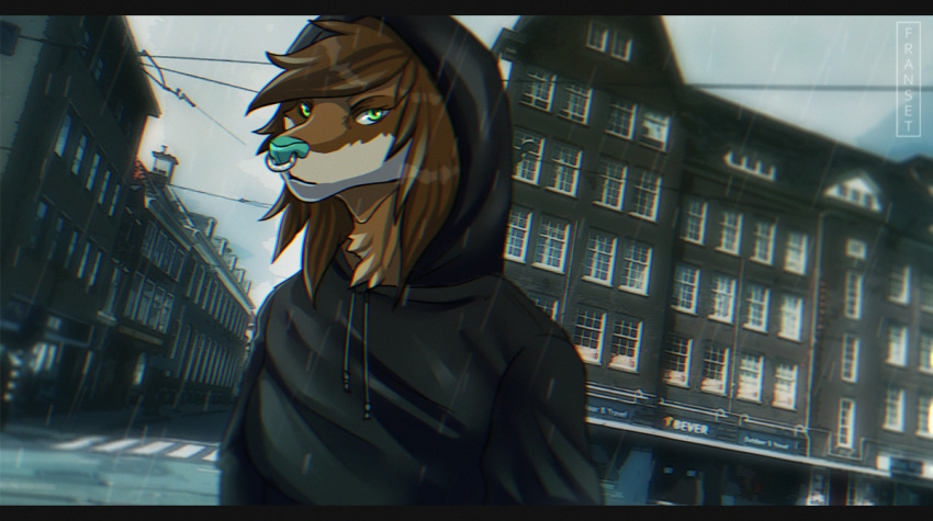 2018 ambiguous_gender anthro biped black_clothing black_hoodie black_topwear blue_nose building callie_(fusby) canid canine clothing detailed_background facial_piercing fox franset green_eyes hoodie looking_at_viewer mammal nose_piercing nose_ring outside piercing raining ring_piercing septum_piercing sky solo standing sweater topwear