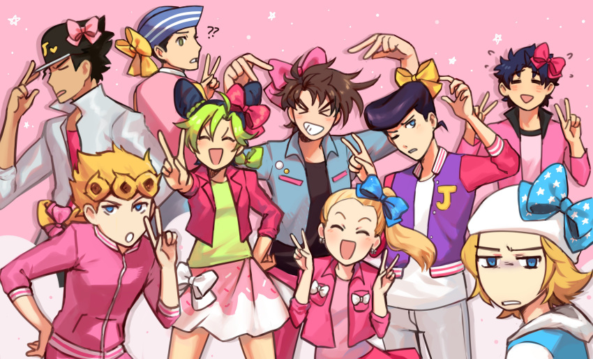 >_< 2girls 6+boys ? ?? absurdres annoyed battle_tendency black_hair blonde_hair blue_bow blue_eyes blue_hair blush bow brown_hair butterfly_earrings collared_shirt commentary diamond_wa_kudakenai double_bun earrings english_commentary flying_sweatdrops giorno_giovanna green_hair grey_eyes gummy_(puffaluficus) hair_bun hairbow happy hat higashikata_josuke higashikata_josuke_(jojolion) highres jewelry johnny_joestar jojo_no_kimyou_na_bouken jojo_siwa jojolion jonathan_joestar joseph_joestar joseph_joestar_(young) kujo_jolyne kujo_jotaro looking_at_viewer messy_hair multicolored_hair multiple_boys multiple_girls name_connection open_mouth phantom_blood pink_background pink_bow pompadour ponytail real_life shirt simple_background skirt smile stardust_crusaders steel_ball_run stone_ocean two-tone_hair v vento_aureo yellow_bow