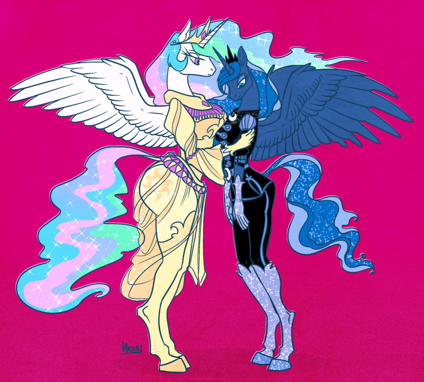 alicorn anthro anthrofied armwear blue_eyes breast_size_difference breast_squish breasts clothing collar cosmic_hair crown cutie_mark digital_media_(artwork) duo elbow_gloves equid equine ethereal_hair feathered_wings feathers female friendship_is_magic full-length_portrait gloves haifisch_ehrlich hair handwear hasbro headgear horn looking_down mammal multicolored_hair my_little_pony mythological_creature mythological_equine mythology outline pink_background portrait princess_celestia_(mlp) princess_luna_(mlp) pseudo_hair purple_eyes side_view simple_background squish standing translucent translucent_clothing wings