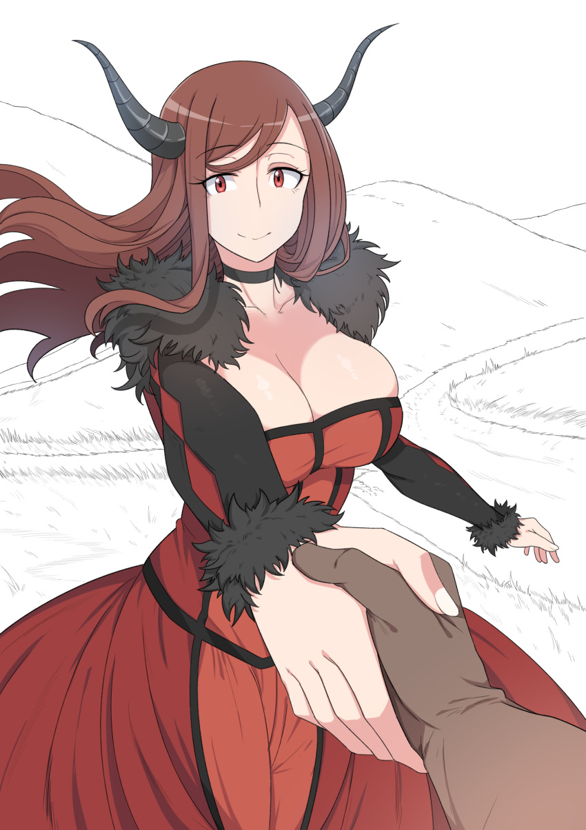 breasts brown_hair cleavage commentary_request demon_girl demon_horns dress fake_horns female fur_trim highres holding_hands horns huge_breasts kook korean_commentary long_hair maou_(maoyuu) maoyuu_maou_yuusha monochrome_background pov red_eyes