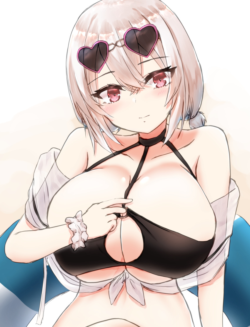 azur_lane bad_id bad_pixiv_id bikini black_bikini breasts choker cleavage collarbone commentary eyes_visible_through_hair eyewear_on_head female hair_between_eyes heart heart-shaped_eyewear highres innertube kousi_sirazawa large_breasts looking_at_viewer o-ring o-ring_top official_alternate_costume red_eyes see-through short_hair sirius_(azur_lane) sirius_(scorching-hot_seirios)_(azur_lane) sitting smile solo sunglasses swim_ring swimsuit tan_background white_hair