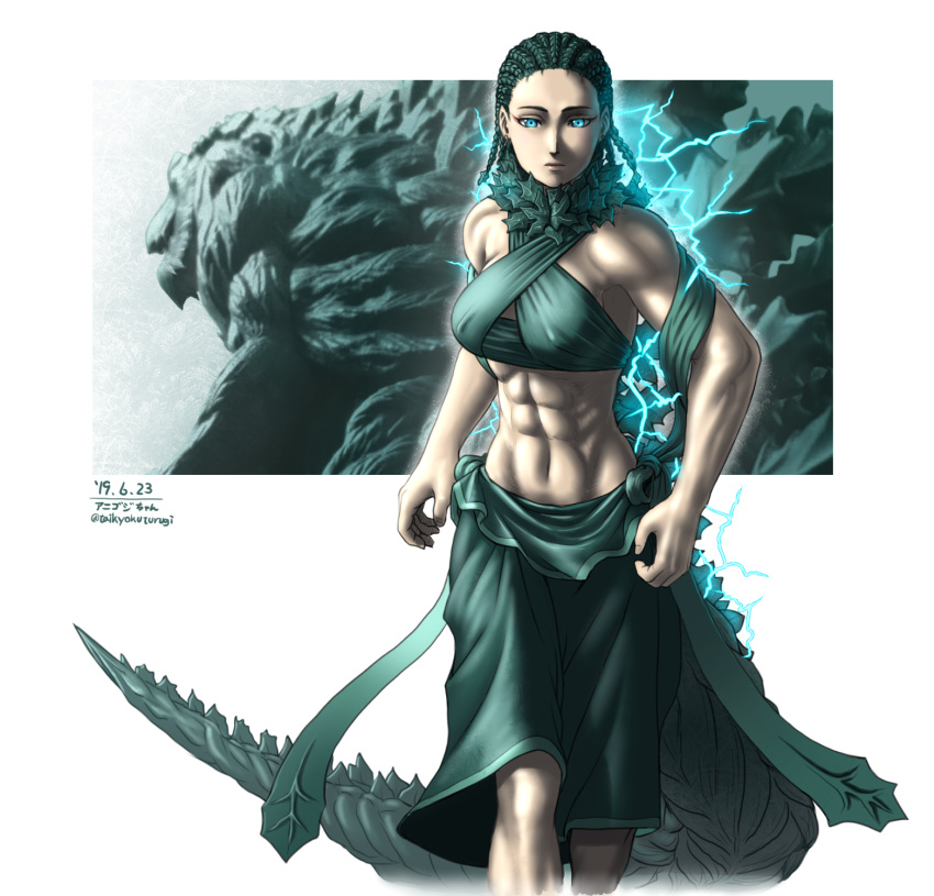 abs bare_shoulders blue_eyes breasts cleavage commentary_request cornrows criss-cross_halter dated electricity eyeliner female glowing godzilla godzilla:_city_on_the_edge_of_battle godzilla:_planet_of_the_monsters godzilla:_the_planet_eater godzilla_(series) godzilla_earth green_hair halterneck highres large_breasts leaf lizard_tail long_hair long_skirt makeup midriff muscular muscular_female personification skirt solo_focus taikyokuturugi tail walking