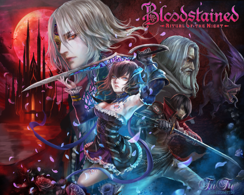 alfred_(bloodstained) black_hair bloodstained:_ritual_of_the_night blue_eyes breasts brown_hair commentary_request detached_sleeves female flower flower_tattoo fufu gauntlets gebel_(bloodstained) gradient_hair hair_between_eyes hair_ornament hair_over_one_eye highres horns katana looking_at_viewer mask medium_breasts miriam_(bloodstained) moon multicolored_hair multiple_boys night pale_skin photoshop_(medium) short_hair stained_glass sword tattoo weapon zangetsu_(bloodstained)