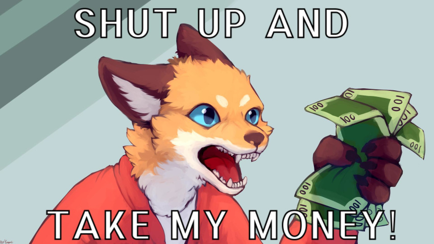 16:9 anthro black_body black_fur black_nose blue_eyes canid canine cheek_tuft clothing color_fox comedy_central english_text facial_tuft fluffy fox fur fur_tuft futurama head_tuft hi_res holding_money holding_object inner_ear_fluff male mammal meme money open_mouth orange_body orange_fur philip_j._fry reaction_image red_clothing red_tongue shut_up_and_take_my_money solo tan_body tan_fur text tongue tuft widescreen