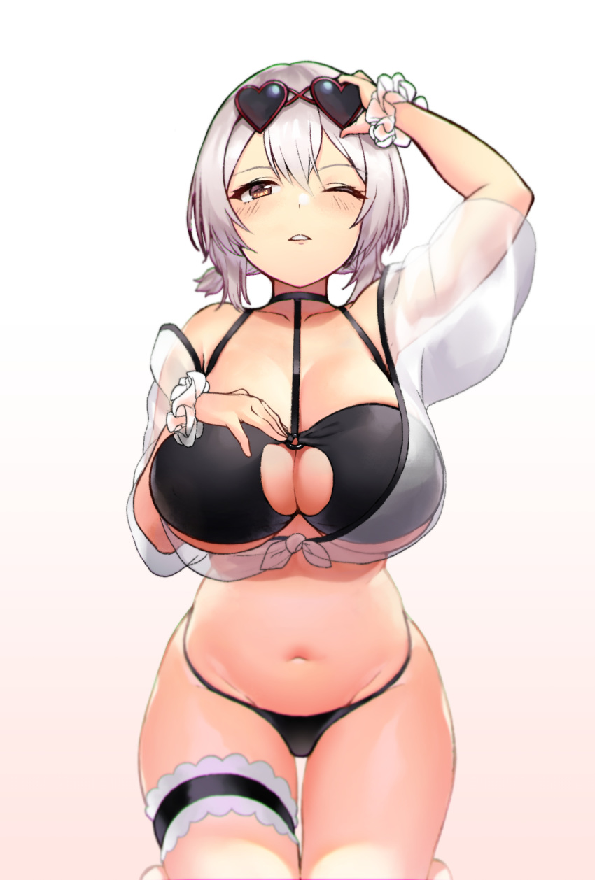 azur_lane bikini black_bikini blush breasts choker cleavage collarbone commentary_request eyewear_on_head female gradient_background groin hair_between_eyes hand_on_own_chest hand_up heart heart-shaped_eyewear highres large_breasts leaning_forward looking_at_viewer navel o-ring o-ring_top official_alternate_costume okamen one_eye_closed parted_lips red_eyes scrunchie see-through short_hair sirius_(azur_lane) sirius_(scorching-hot_seirios)_(azur_lane) solo sunglasses swimsuit thigh_strap white_hair wrist_scrunchie