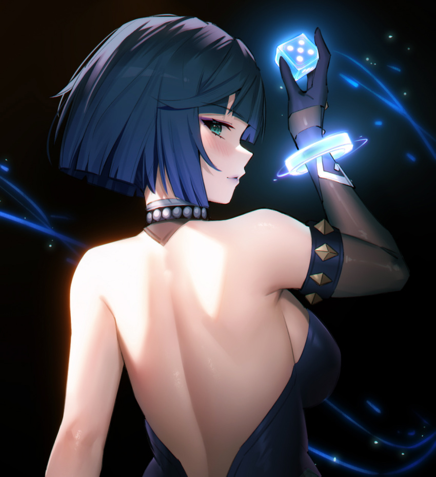 95--- backless_dress backless_outfit bare_shoulders black_gloves black_hair blue_hair blunt_ends bob_cut bracelet breasts commentary_request dark_background dice dress elbow_gloves female genshin_impact gloves gradient_hair green_eyes highres holding_dice jewelry looking_at_viewer looking_back multicolored_hair purple_lips short_hair single_elbow_glove solo upper_body yelan_(genshin_impact)