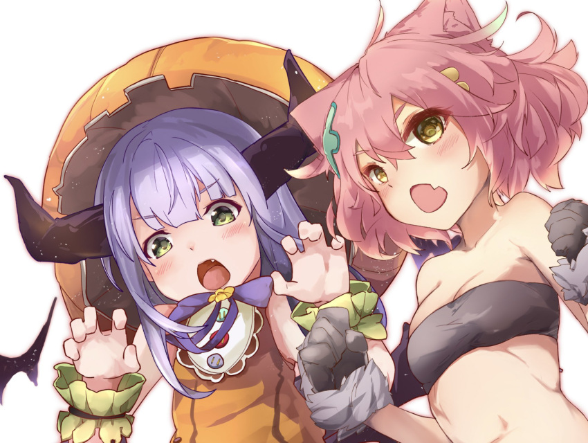 2girls animal_ears breasts fake_animal_ears fake_horns fake_wings green_eyes grey_hair halloween hat highres horns kuro_ula long_hair looking_at_viewer multiple_girls open_mouth paw_pose pink_hair pumpkin_costume relia_(star_ocean) short_hair simple_background star_ocean star_ocean_anamnesis star_ocean_integrity_and_faithlessness verda_kleiman white_background wings yellow_eyes