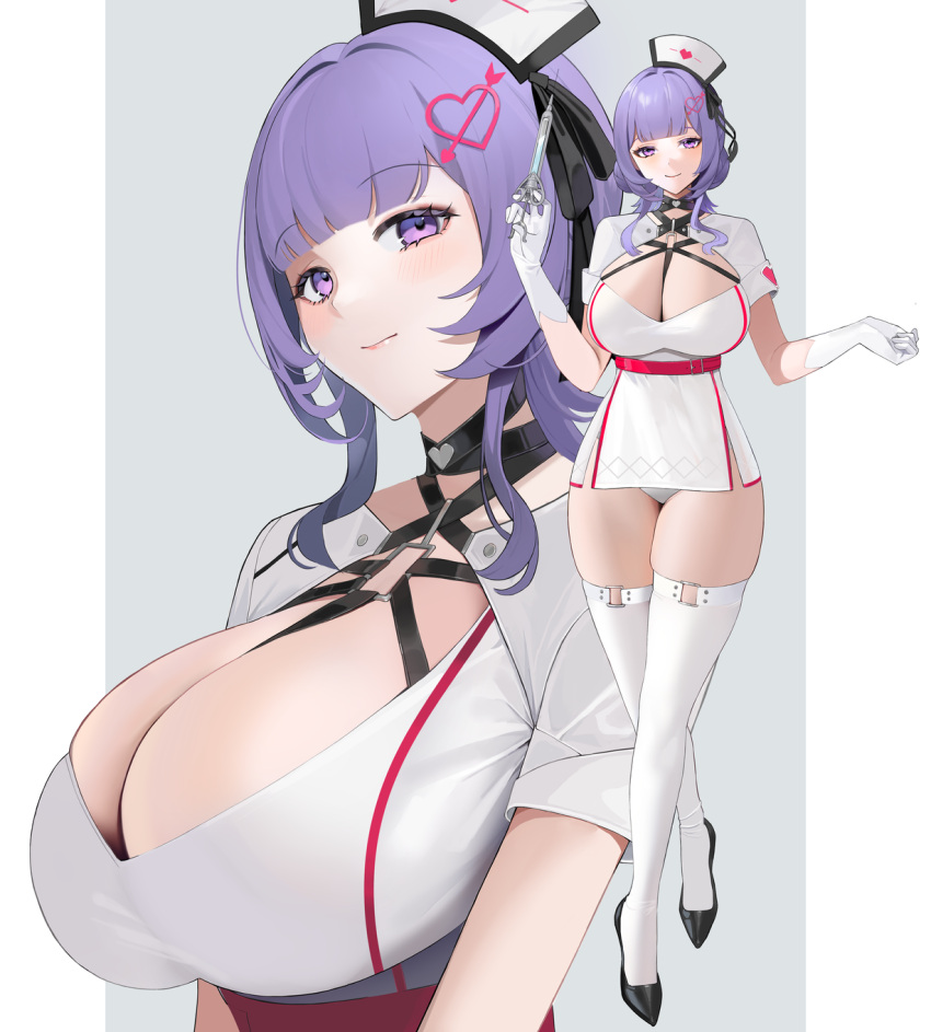 767_(pixiv973307689) black_footwear breasts cleavage dress enya_murphy female gloves grey_background hair_ornament hat heart heart_hair_ornament highres holding holding_syringe large_breasts looking_at_viewer medium_hair multiple_views nurse nurse_cap official_alternate_costume panties pantyshot purple_eyes purple_hair shoes short_dress short_sleeves sidelocks simple_background snowbreak:_containment_zone standing syringe underwear white_dress white_gloves white_panties