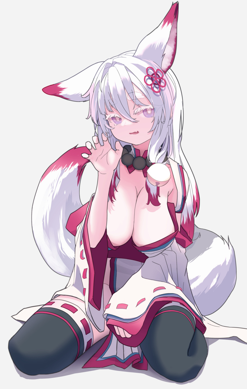 absurdres animal_ears bead_necklace beads bell black_thighhighs breasts bright_pupils cleavage colored_eyelashes detached_sleeves eyes_visible_through_hair female fox_ears fox_girl fox_tail hair_bell hair_between_eyes hair_intakes hair_ornament hand_up highres jewelry jingle_bell large_breasts long_hair long_sleeves multicolored_hair multicolored_tail nazuna_(sequel_awake) necklace oerba_yun_fang open_mouth purple_eyes red_hair red_tail ribbon-trimmed_sleeves ribbon-trimmed_thighhighs ribbon_trim sequel_(series) sequel_awake sitting skin_fang solo tail thighhighs two-tone_hair two-tone_tail white_hair white_pupils white_sleeves white_tail wide_sleeves yu_xian_(pixiv35650109)