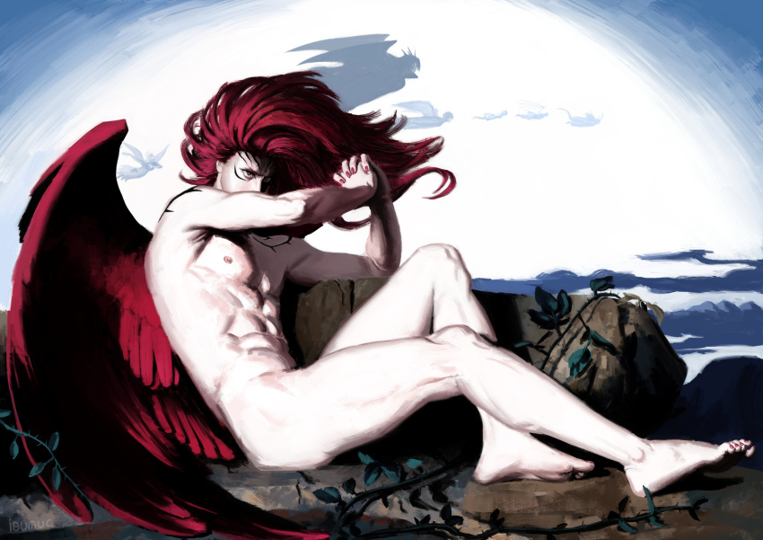 1boy abs body_markings character_request cloud completely_nude crimson_(ragna_crimson) facial_mark fallen_angel_(painting) feathered_wings fine_art_parody full_body highres ibumuc long_hair making-of_available male_focus nipples nude outdoors parody ragna_crimson red_eyes red_hair red_nails red_wings wings