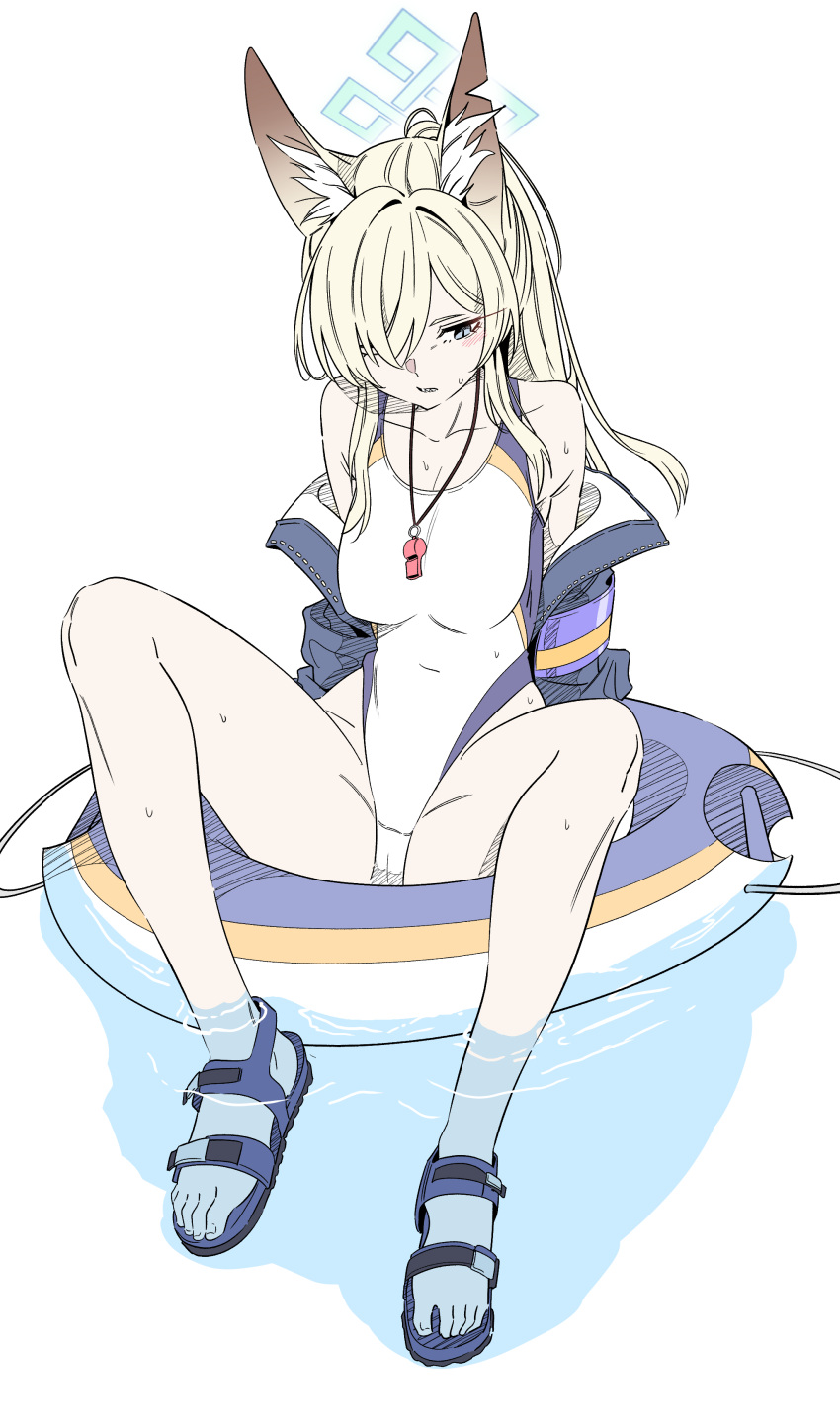 absurdres animal_ear_fluff animal_ears black_jacket blonde_hair blue_archive blue_eyes blush breasts clenched_teeth collarbone competition_swimsuit dog_ears female full_body hair_over_one_eye highres jacket kanna_(blue_archive) kanna_(swimsuit)_(blue_archive) large_breasts lifebuoy long_hair long_sleeves mangpum_(taro109210) official_alternate_costume one-piece_swimsuit open_clothes open_jacket sandals simple_background swim_ring swimsuit teeth toes whistle whistle_around_neck white_background white_one-piece_swimsuit