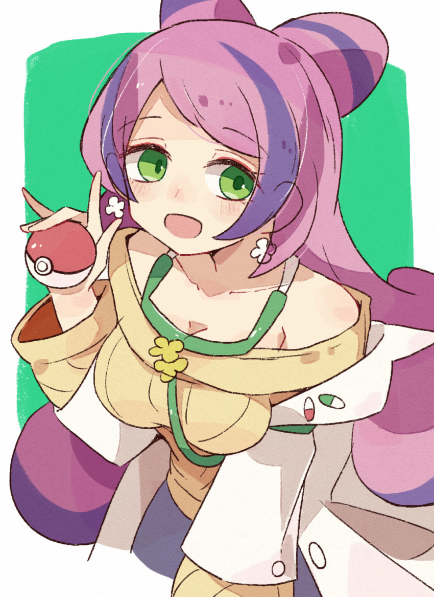 bare_shoulders bow-shaped_hair breasts cleavage collarbone earrings eyeliner female flower_earrings green_eyes highres holding holding_poke_ball jewelry lab_coat large_breasts long_hair long_sleeves makeup minoru_minoru miriam_(pokemon) multicolored_hair off-shoulder_sweater off_shoulder pink_eyeliner pink_hair poke_ball poke_ball_(basic) pokemon pokemon_sv purple_hair purple_skirt school_nurse skirt solo stethoscope streaked_hair sweater swept_bangs two-tone_hair yellow_nails yellow_sweater