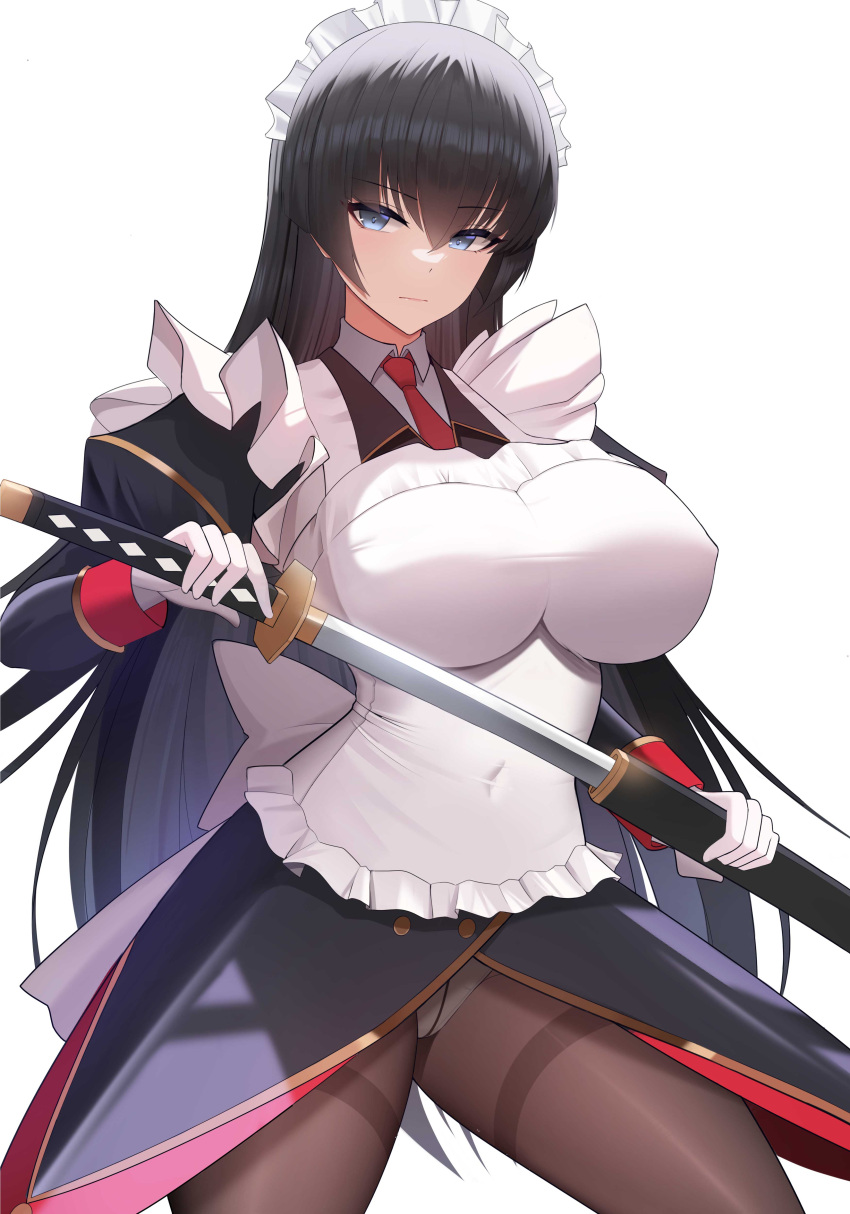 absurdres apron black_hair black_jacket blue_eyes breasts brown_pantyhose collared_shirt covered_navel cowboy_shot female frilled_apron frills gloves hanaukyou_maid_tai highres holding holding_sword holding_weapon impossible_apron jacket juliet_sleeves large_breasts long_hair long_sleeves maid maid_headdress necktie panties panties_under_pantyhose pantyhose puffy_sleeves red_necktie sheath shirt simple_background solo sword taut_clothes thighband_pantyhose tsurugi_konoe ultra-13 underwear unsheathing very_long_hair weapon white_apron white_background white_gloves white_panties white_shirt